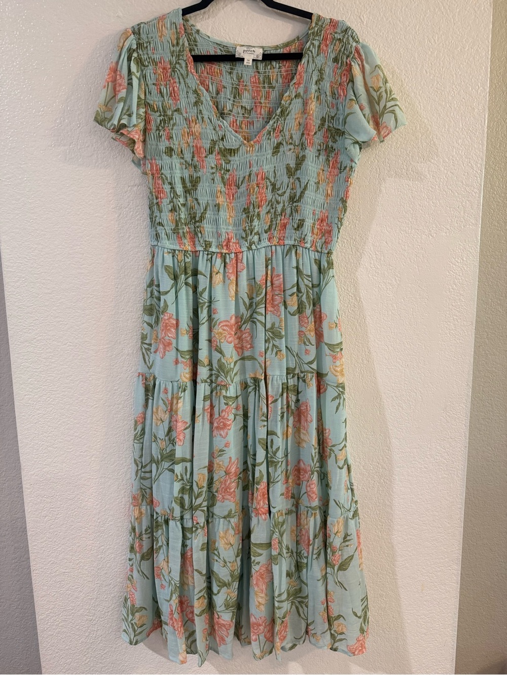 Blu Pepper Light Blue Floral Smocked Midi Dress with Pink & Green Print